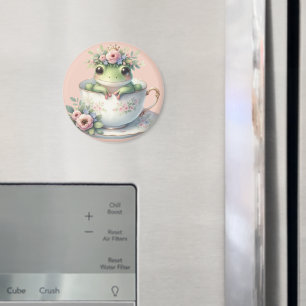 Whimsical Frog in Floral Teacup Magnet