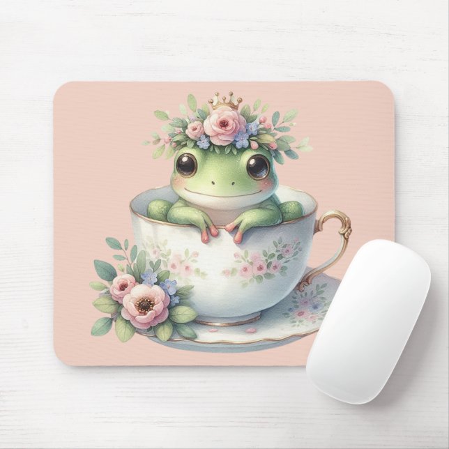 Whimsical Frog in Floral Teacup Mouse Mat (With Mouse)