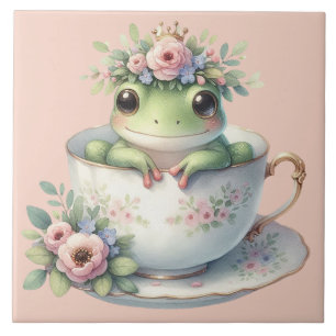 Whimsical Frog in Floral Teacup Tile