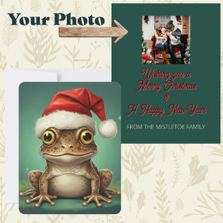 Whimsical Frog in Santa Hat Storybook Christmas Holiday Card