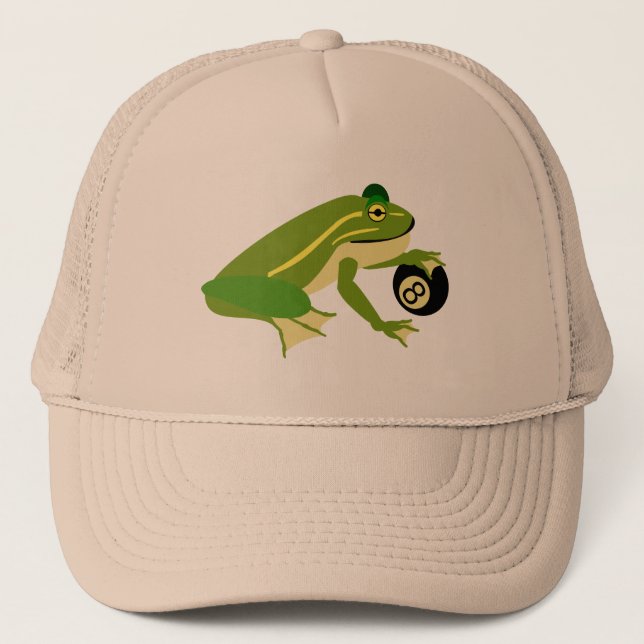Whimsical Frog Palming an Eight Ball Trucker Hat (Front)