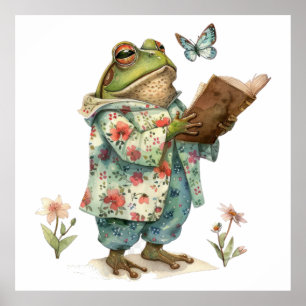 Whimsical frog reading book poster