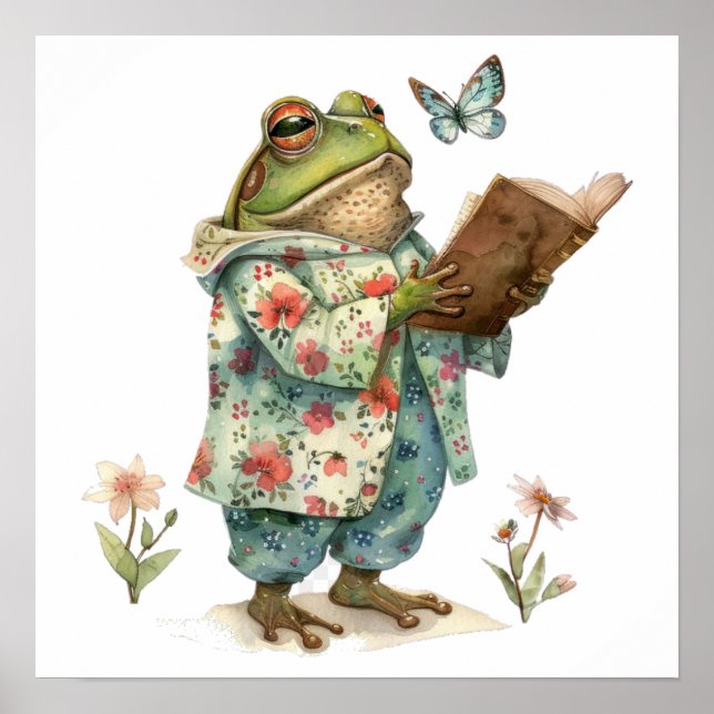 Whimsical frog reading book Small Poster (Front)
