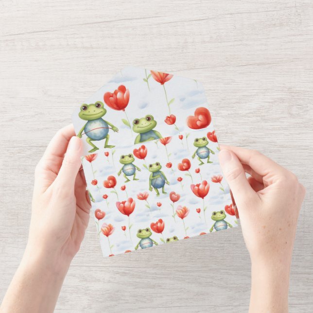 Whimsical Frog with red heart balloons All In One Invitation (Opening)