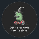 Whimsical Frog Wizard Off To Commit Tom Foolery Fr Classic Round Sticker<br><div class="desc">Whimsical Frog Wizard Off To Commit Tom Foolery Frog Meme</div>
