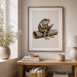 Whimsical Frog Writing on Log Vintage Poster