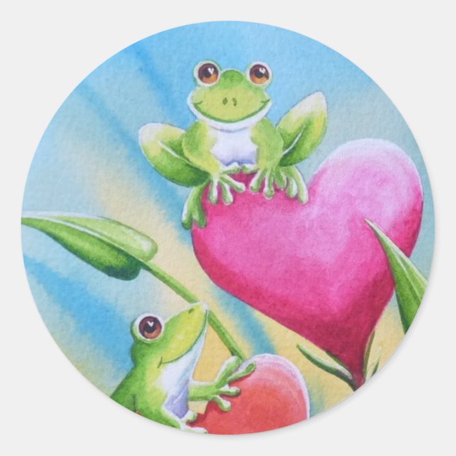 Whimsical Frogs and Hearts Watercolor Art Classic Round Sticker (Front)