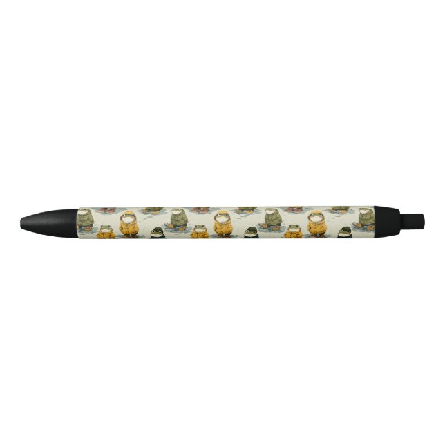 Whimsical Frogs in Raincoats Pattern Black Ink Pen (Front)