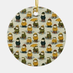 Whimsical Frogs in Raincoats Pattern Ceramic Tree Decoration