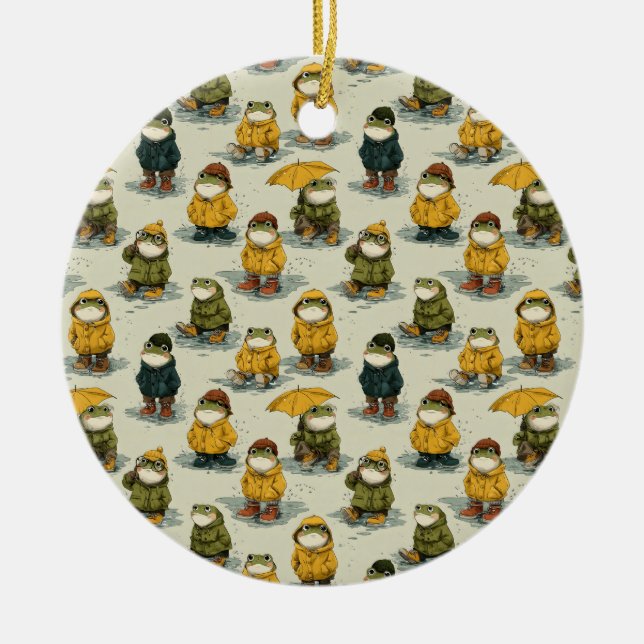 Whimsical Frogs in Raincoats Pattern Ceramic Tree Decoration (Front)