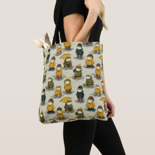 Whimsical Frogs in Raincoats Pattern Tote Bag