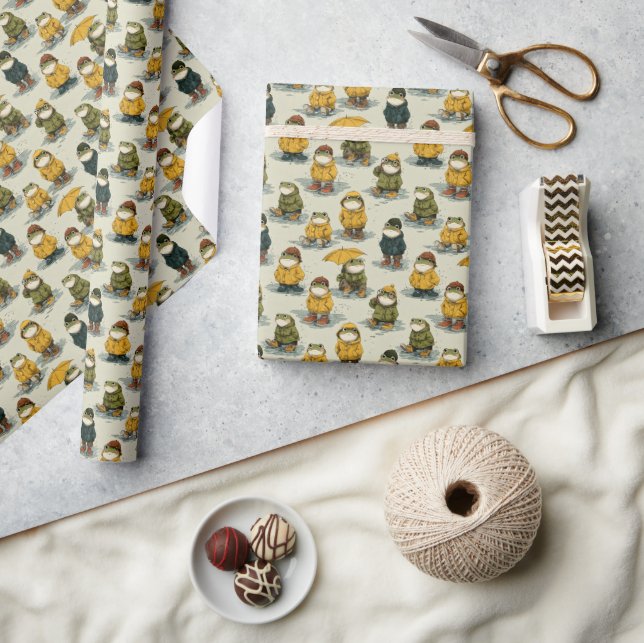 Whimsical Frogs in Raincoats Pattern Wrapping Paper (Crafts)