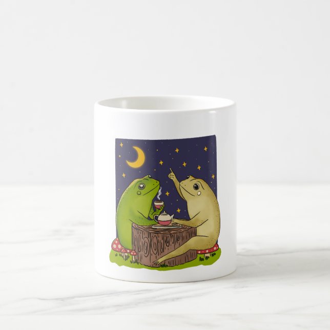 Whimsical Frogs Tea Party At Night Illustration Coffee Mug (Center)