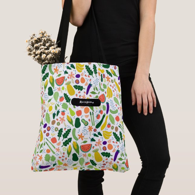 Whimsical Fruits & Veggies Grocery Market Custom  Tote Bag (Close Up)