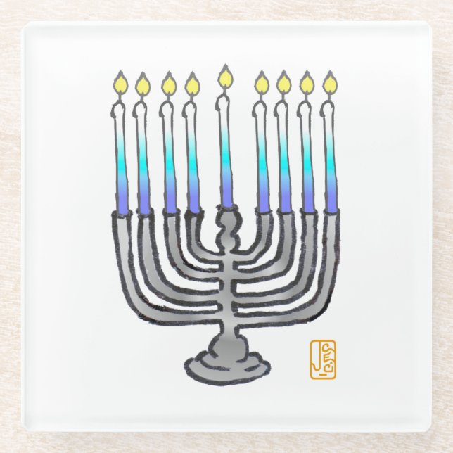 Whimsical Fully Lit Menorah Giftable Glass Coaster (Front)