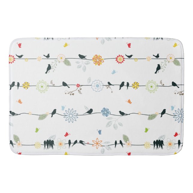 Whimsical Fun Black Birds and Flowers Pattern Bath Mat (Front)