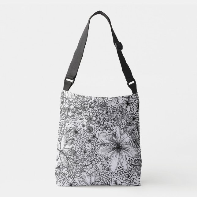 Whimsical Fun Funky Black and White Floral Crossbody Bag (Front)