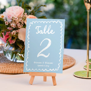 Whimsical Fun Hand Written Drawn Light Blue White Table Number