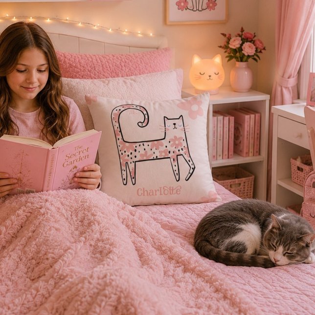 Whimsical Fun Pink Floral Cat Named Think Pink Cushion (Creator Uploaded)