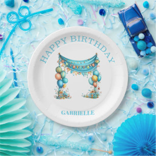 Whimsical Fun Teal Birthday Paper Plate