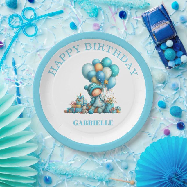 Whimsical Fun Teal Birthday  Paper Plate (Party)
