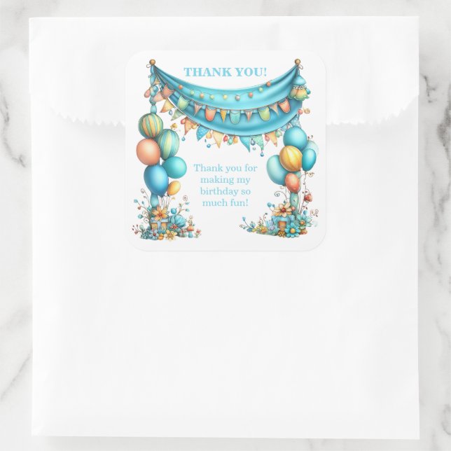 Whimsical Fun Teal Birthday  Square Sticker (Bag)