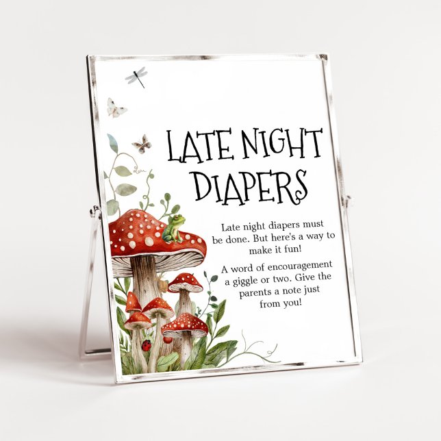 Whimsical Fungi Mushroom Fall Late Night Diapers Poster (Whimsical Mushroom Baby Shower Late Night Diapers Sign)