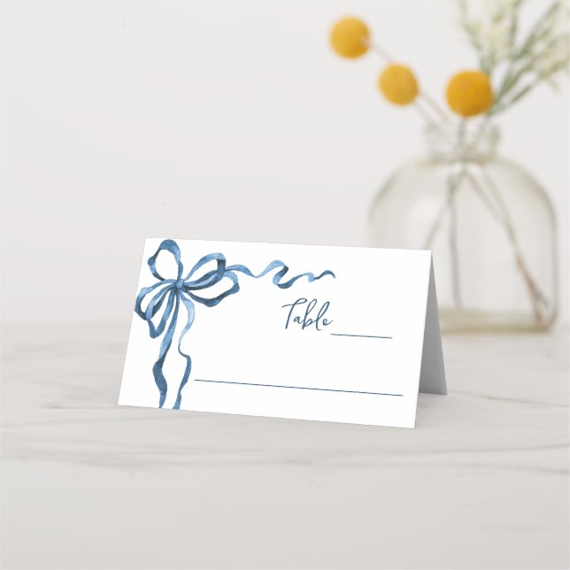 Whimsical Funky Blue Bow Christmas Dinner Party Place Card (Front)