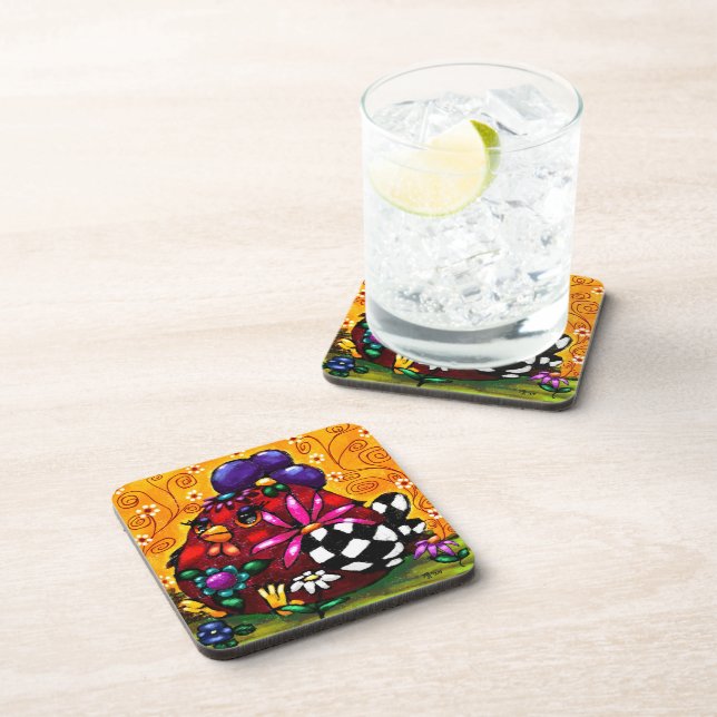 Whimsical Funky Chunky Floral Chicken Colourful Coaster (Right Side)