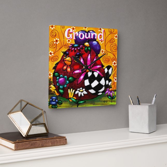 Whimsical Funky Chunky Floral Chicken Personalised Square Wall Clock (Office)