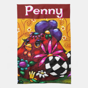 Whimsical Funky Chunky Floral Chicken Personalised Tea Towel