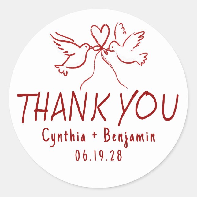Whimsical Funky Cute Hand Drawn Wedding Thank You Classic Round Sticker (Front)
