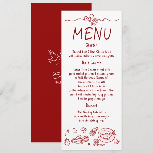 Whimsical Funky Decor Handwritten Red Wedding Menu (Front/Back)