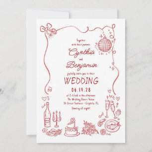 Whimsical Funky Hand Drawn Burgundy Retro Wedding Invitation