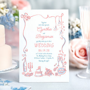 Whimsical Funky Hand Drawn Doodles Wedding Invitation