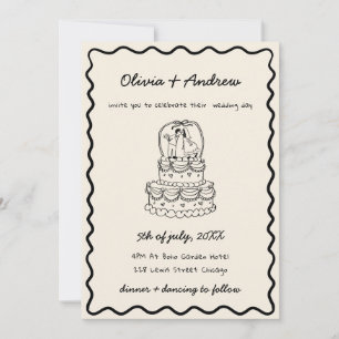Whimsical Funky Hand Drawn Photo Cake Wedding Invitation