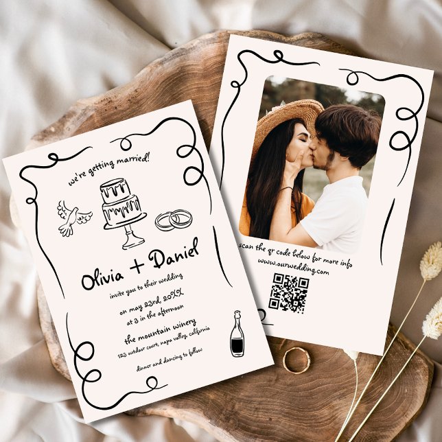 Whimsical Funky Hand Drawn Photo QR Code Wedding Invitation (Creator Uploaded)