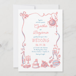 Whimsical Funky Hand Drawn Pink Blue Wedding Invitation
