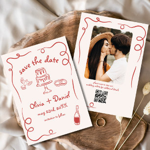 Whimsical Funky Hand Drawn Red Wedding Photo Save The Date