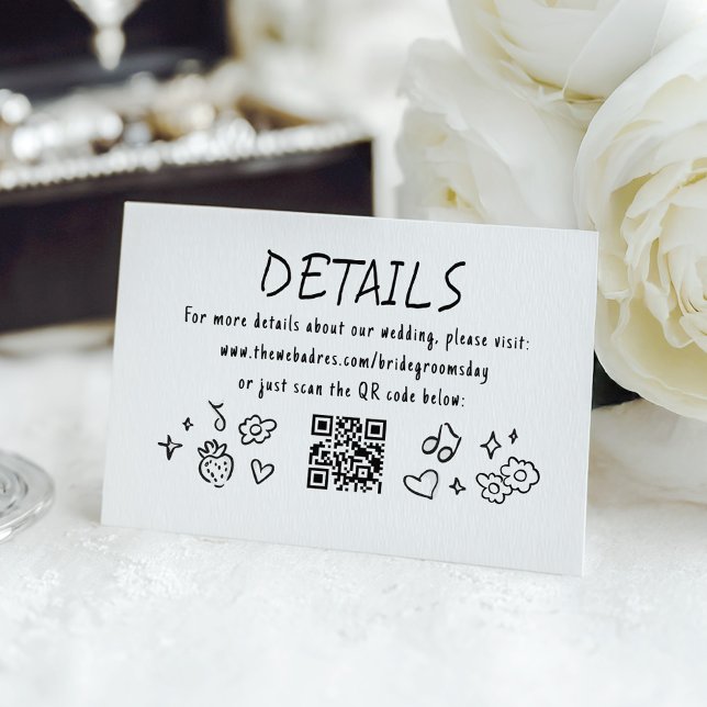 Whimsical Funky Hand Drawn Wedding Details QR Enclosure Card (Whimsical Funky Illustrations Wedding Information Card with QR code and Website Address)