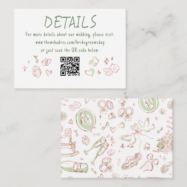 Whimsical Funky Hand Drawn Wedding Details QR Enclosure Card (Front/Back)