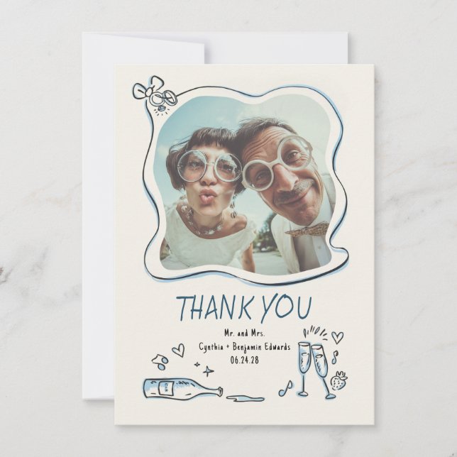 Whimsical Funky Hand Drawn Wedding Photo Thank You Card (Front)