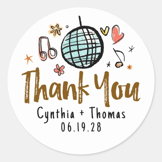 Whimsical Funky Hand Drawn Wedding Thank You Classic Round Sticker (Front)