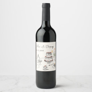 Whimsical Funky Hand Drawn Wedding Wine Label