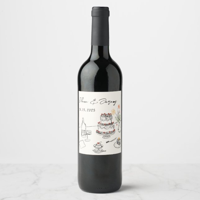 Whimsical Funky Hand Drawn Wedding Wine Label (Front)