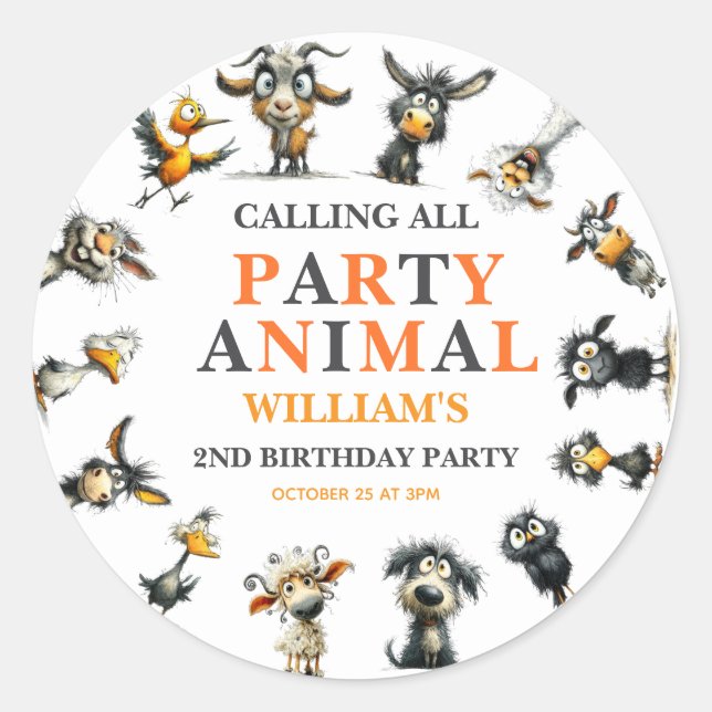 Whimsical Funny Animals 2nd Birthday Party Classic Round Sticker (Front)