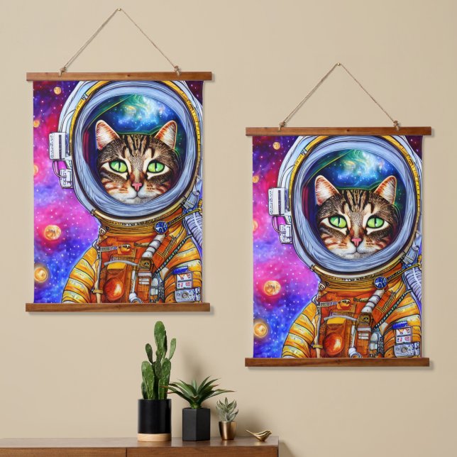 Whimsical Funny Astronaut Cat Hanging Tapestry (Asymmetrical)