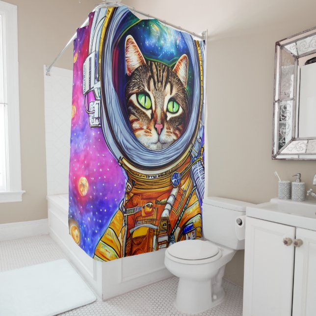Whimsical Funny Astronaut Cat Shower Curtain (In Situ)
