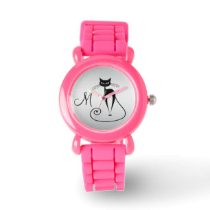 Whimsical Funny black cat elegant monogram Watch