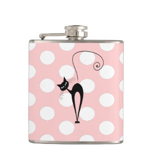 Whimsical Funny black cat elegant polka dots Hip Flask